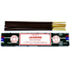 A box of satya incense sticks jasmine with dark brown sticks featuring golden tips and black packaging with red text