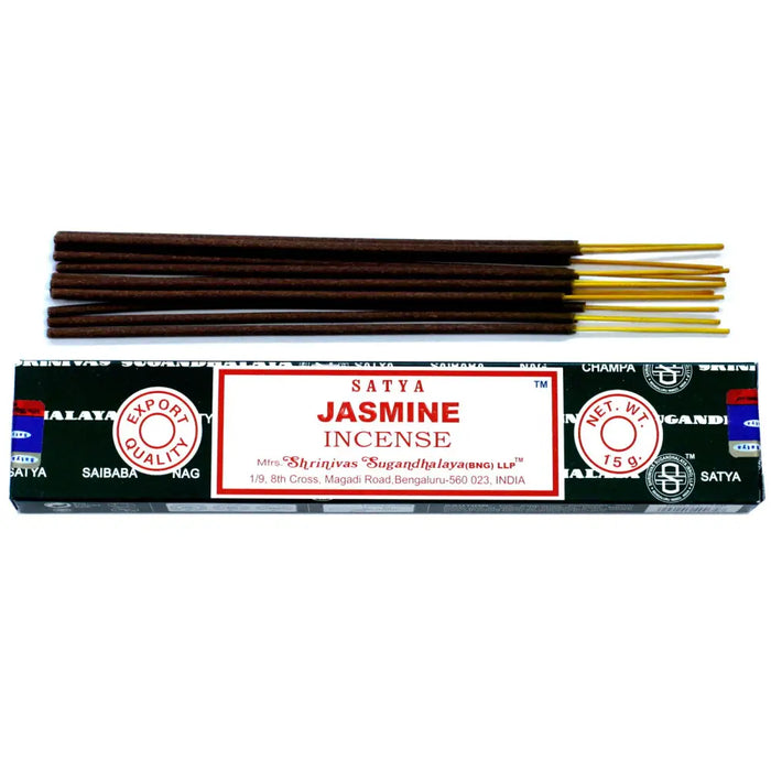 A box of satya incense sticks jasmine with dark brown sticks featuring golden tips and black packaging with red text