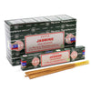 A box of satya incense sticks jasmine with dark green and white packaging and red lettering on the satya incense box