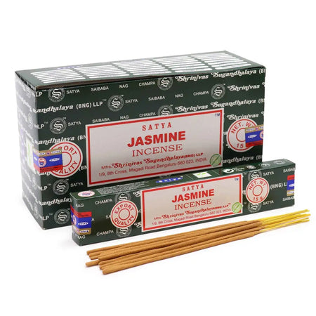 A box of satya incense sticks jasmine with dark green and white packaging and red lettering on the satya incense box