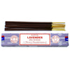 Satya incense sticks in a purple box with brown sticks and golden tips scented with lavender