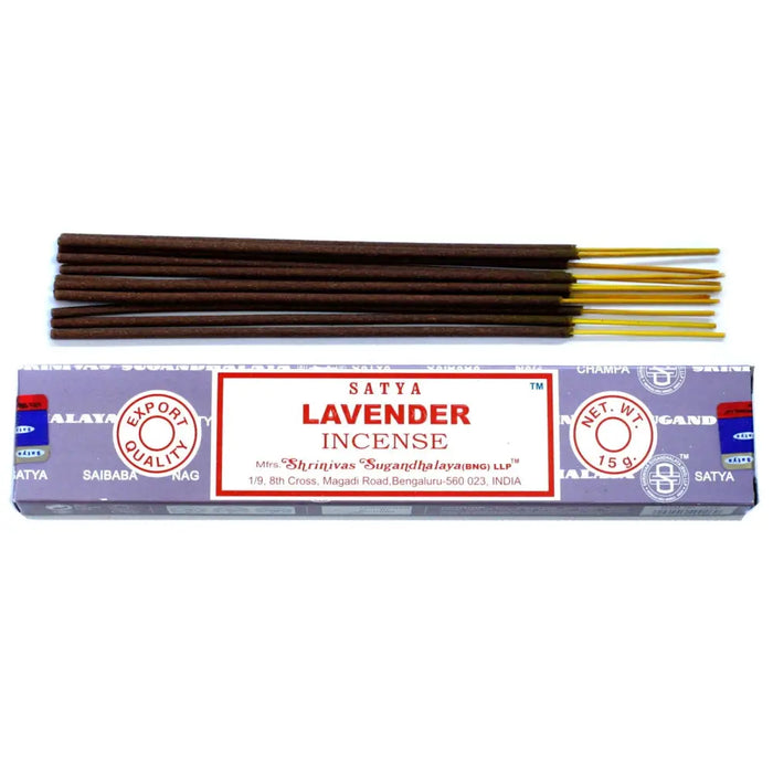 Satya incense sticks in a purple box with brown sticks and golden tips scented with lavender