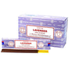 Purple satya incense sticks in a lavender-scented box with red and white labeling for calming use