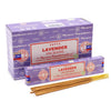 Satya incense sticks lavender scent in a purple box with red and white labeling showing the brand name satya incense