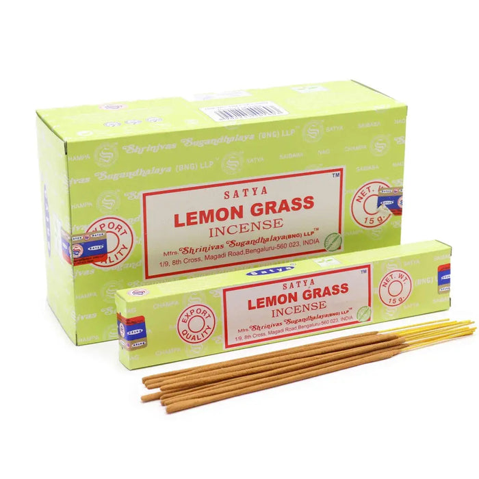 Satya incense sticks lemongrass in a light green box with red and white labeling showing the product packaging