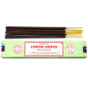A box of satya incense sticks lemongrass in a light green package with dark brown sticks and yellow tips