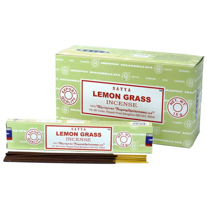 Satya incense sticks in a light green box with red and white labeling featuring lemongrass scent