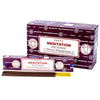Purple and white packaged satya incense sticks with brown incense rods for meditation use