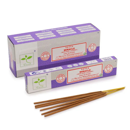 Purple and white satya incense sticks with wooden rods featuring white sage and lavender blend packaging