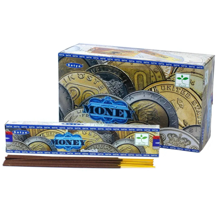 Satya incense sticks box with money design featuring gold and silver coins in bright packaging for incense use