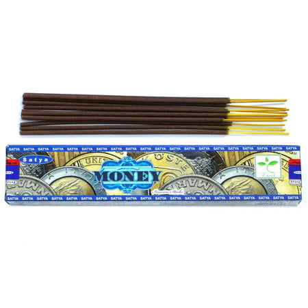 A box of satya incense sticks with blue packaging featuring gold and silver coins labeled money scent