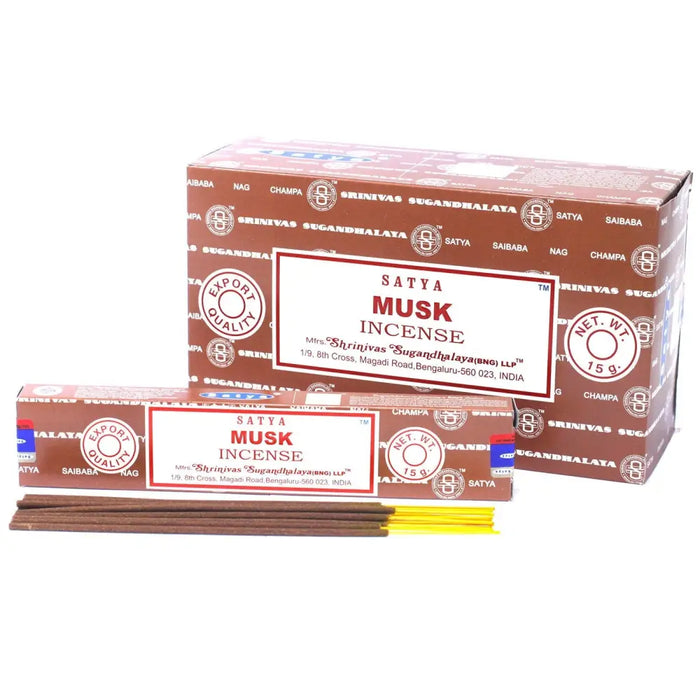 Brown satya incense sticks musk scented in a cardboard box with red and white labeling for home use