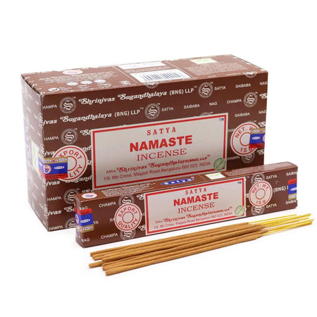 Brown cardboard box of satya incense sticks with red and white labeling for namaste scent