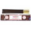Brown satya incense sticks with golden tips in a rectangular box labeled namaste incense sticks by satya
