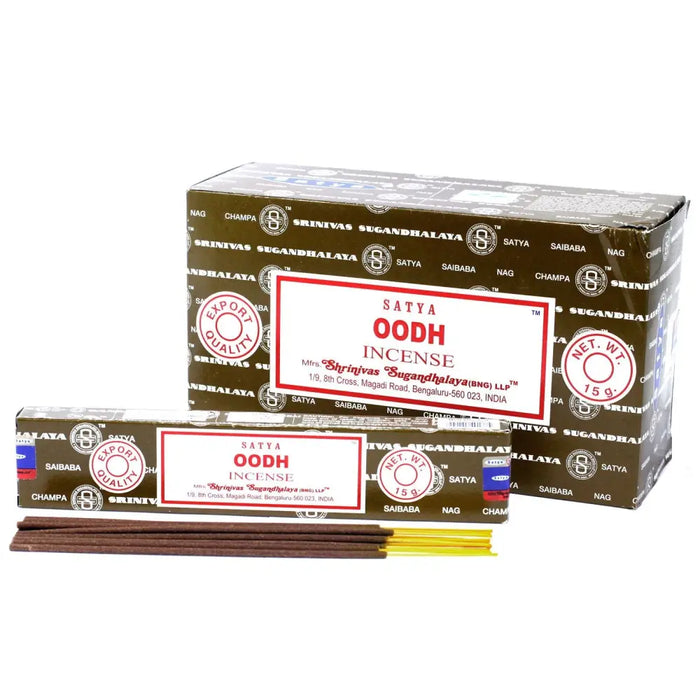 Brown satya incense sticks made of oodh wood in a box by srinivas sugandhalaya packaging visible
