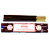 A pack of satya incense sticks with dark brown rods and golden tips in a maroon box labeled opium