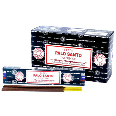 Satya incense sticks palo santo in a black and red branded box with natural wood incense sticks inside