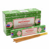 Green and white satya incense sticks in branded patchouli packaging made from natural materials for aromatic use