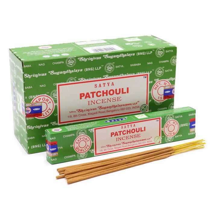 Green and white satya incense sticks in branded patchouli packaging made from natural materials for aromatic use