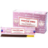 Pink cardboard box of satya incense sticks with white label red text and gold tipped wooden sticks for positive vibes