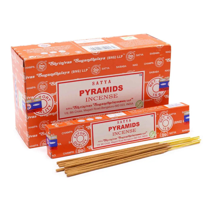 Orange cardboard box of satya incense sticks shaped as pyramids for aromatic use