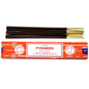 Orange-packaged satya incense sticks with dark brown wooden bodies and golden tips shown in pyramid shape packaging