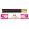 Pink-packaged satya incense sticks with rose scent featuring dark brown sticks and golden tips