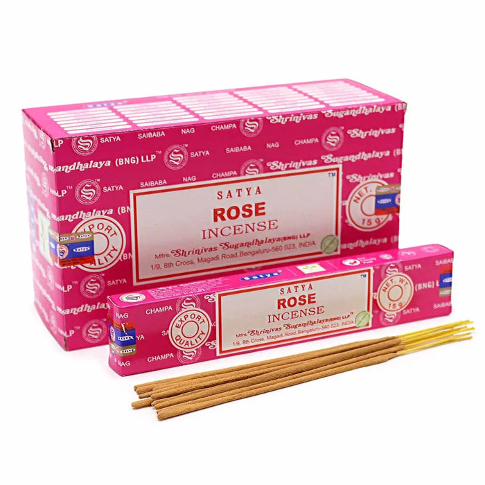 Pink satya incense sticks in branded packaging showing rose scented incense sticks made from natural materials
