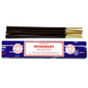 Dark brown satya incense sticks with golden tips in a blue box labeled satya rosemary incense sticks