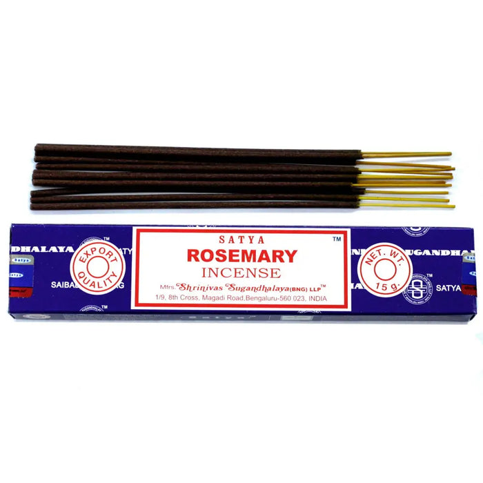 Dark brown satya incense sticks with golden tips in a blue box labeled satya rosemary incense sticks