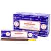 Blue and white packaged satya incense sticks with brown wood and yellow tips labeled rosemary scent
