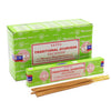 Green cardboard box of satya incense sticks showing traditional ayurveda design and packaging for incense sticks