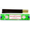 Satya incense sticks in green and white packaging with dark brown bodies and golden tips traditional ayurveda style