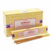 Yellow cardboard box of satya incense sticks with vanilla scent showing product packaging and branding details