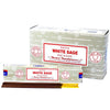 Satya incense sticks white sage in a light gray box with red text showing brown and yellow incense sticks inside