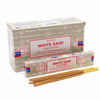 A box of satya incense sticks with white sage scent in beige packaging featuring red and black text and logos