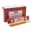A box of satya incense sticks yogic meditation with warm brown and red design and white text on the packaging
