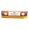 A box of satya incense sticks with brown and white label and gold-tipped sticks for yogic meditation use