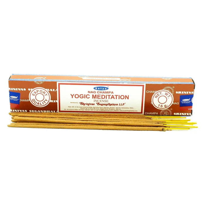 A box of satya incense sticks with brown and white label and gold-tipped sticks for yogic meditation use