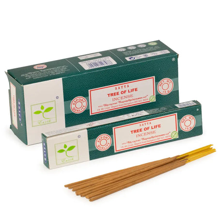 Satya incense sticks with green and white packaging showing natural brown tree of life incense sticks