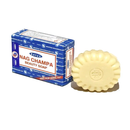 Cream-colored scalloped-edged nag champa beauty soap bar from satya brand available in two sizes