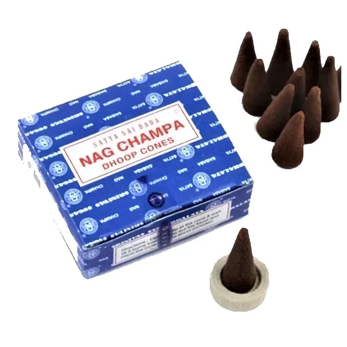 Blue and white patterned box of satya nag champa dhoop incense cones with dark brown conical sticks