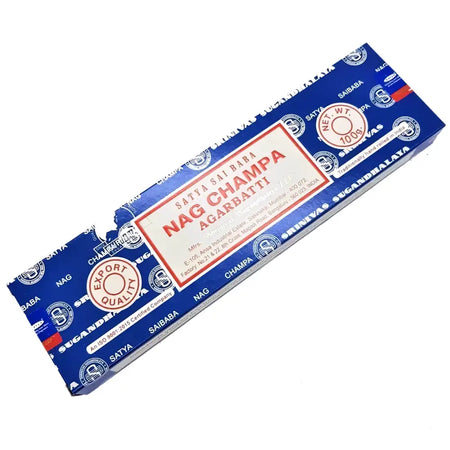 Blue rectangular box of satya nag champa champa incense sticks containing 100g incense sticks