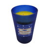 Satya nag champa scented candle in a yellow wax blue glass jar with a branded label and nag champa scent