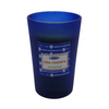 Deep blue glass jar holding a satya nag champa scented candle with frosted blue glass container