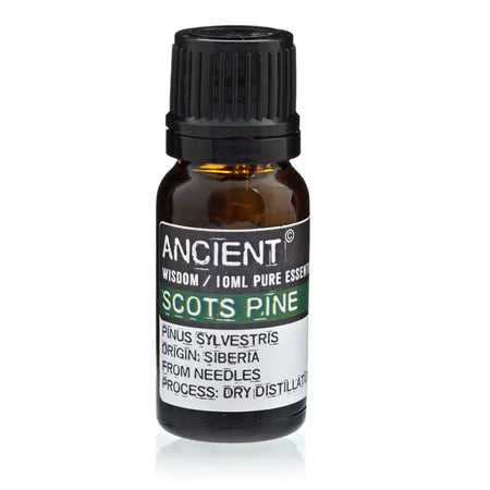 A small amber glass bottle with black cap labeled ancient wisdom 10ml pure essential scots pine essential oil