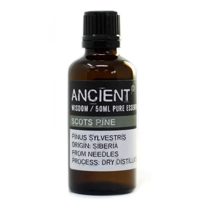 A dark amber glass bottle with a black cap labeled ancient wisdom 50ml pure pinus sylvestris pine essential oil