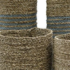 Natural fiber woven baskets and vases with beige and blue striped seagrass and abu-abu raffia accents set