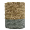 Tall cylindrical woven vase in natural beige and gray seagrass and abu-abu raffia with tightly interlaced fibers