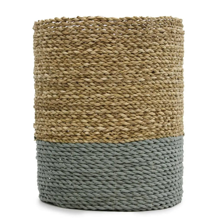 Tall cylindrical woven vase in natural beige and gray seagrass and abu-abu raffia with tightly interlaced fibers
